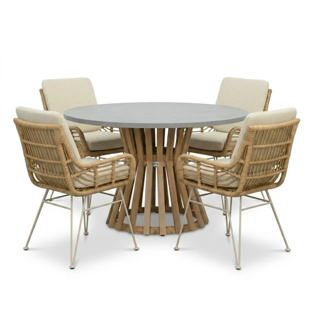 BUITEN living Elzas/Carlos beige dining tuinset | 4 personen | polystone + wicker | Ø135cm rond