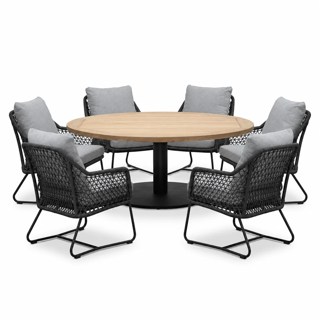 LUX outdoor living Ventura antraciet/Gianna Stone Grey low dining tuinset | 6 personen | teakhout + touw | 150cm rond