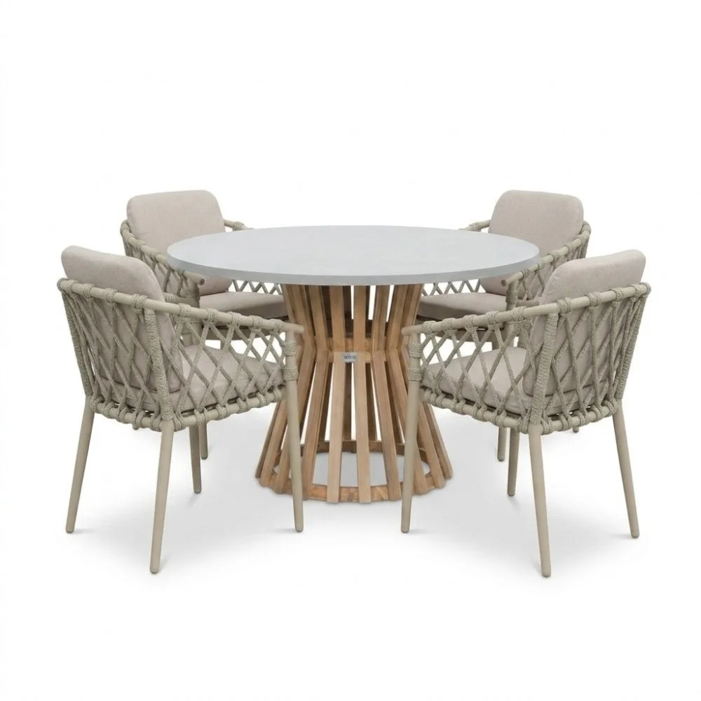 BUITEN living Elzas/Cleveland beige dining tuinset | 4 personen | polystone + aluminium | Ø135cm rond