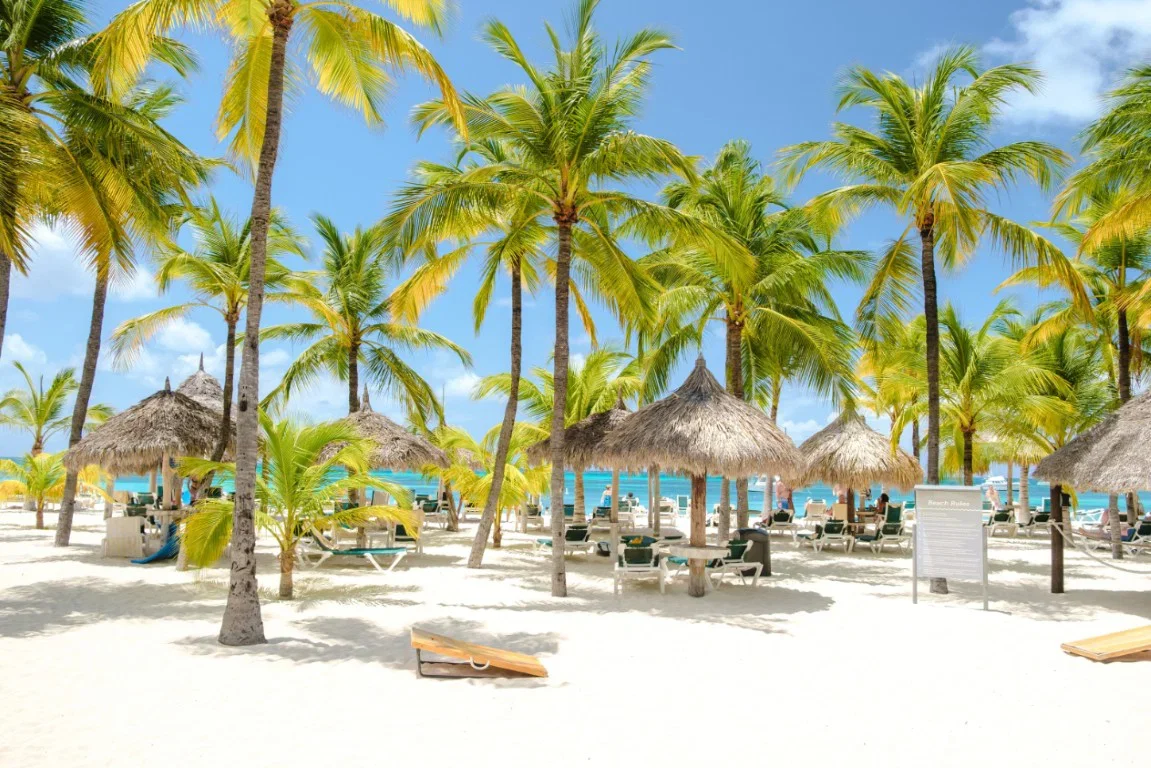 Vgdesign Tropisch strand met parasols 70x50 tuinposter banner
