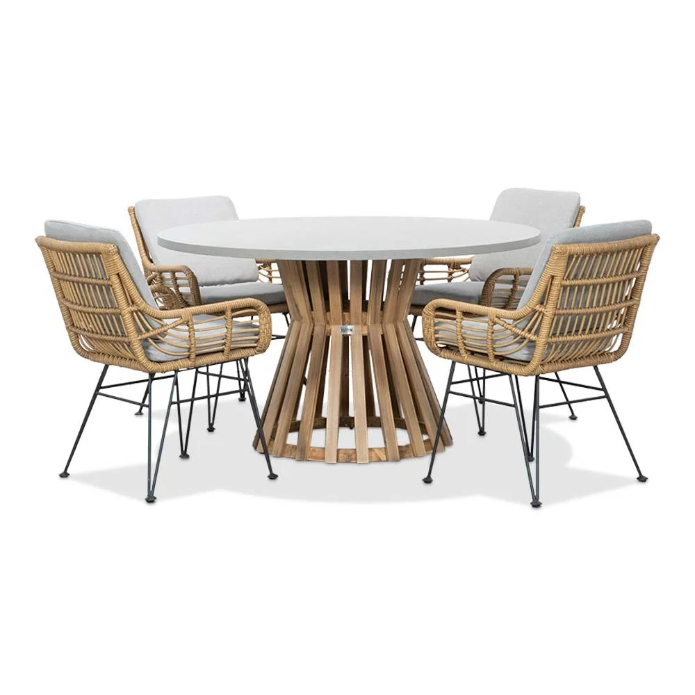 BUITEN living Elzas/Carlos taupe dining tuinset | 4 personen | betonlook + hardhout | 135cm rond - Taupe - Naturel - Bruin, Light Teak, Betonlook