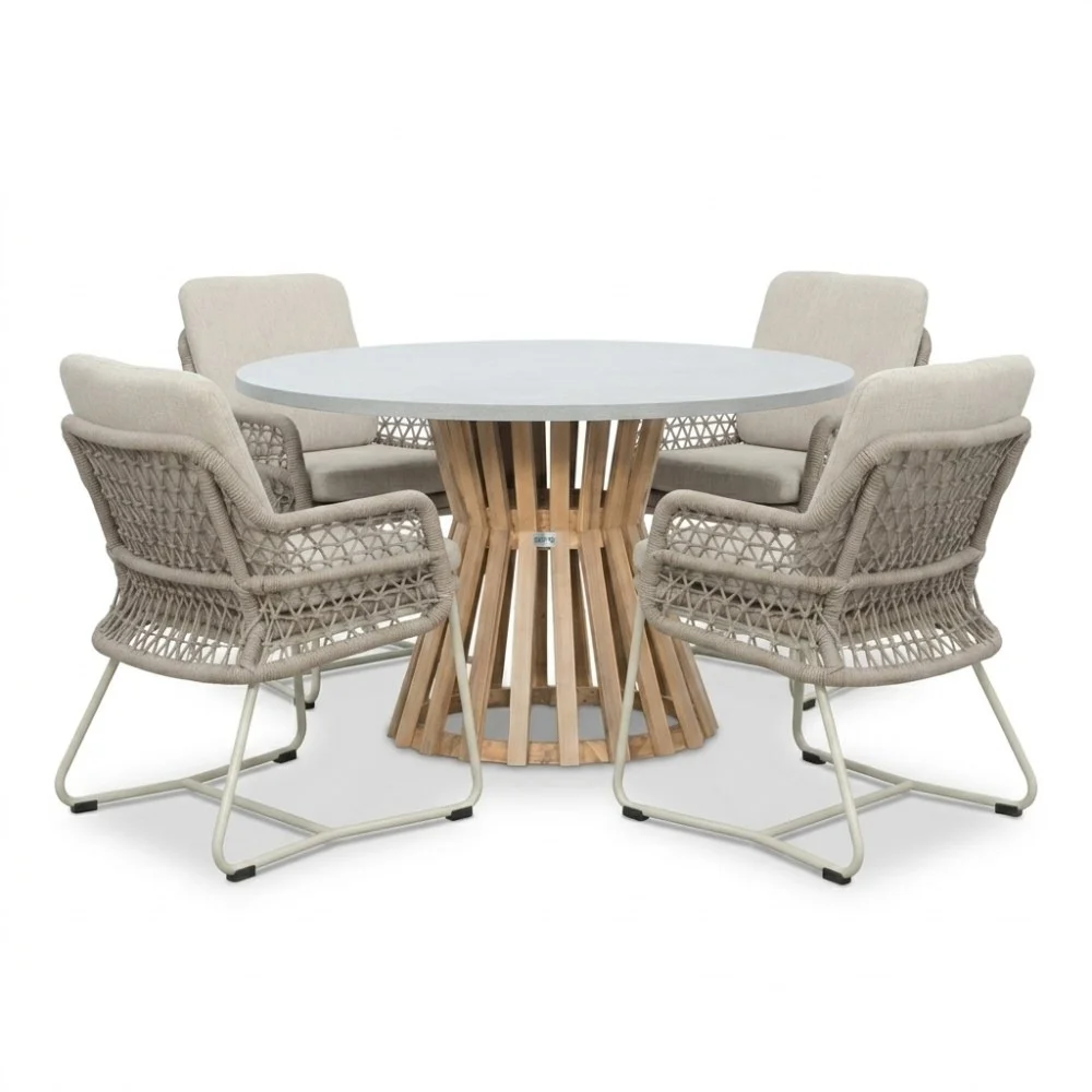 BUITEN living Elzas/Gianna Almond Beige dining tuinset | 4 personen | polystone + touw | Ø135cm rond