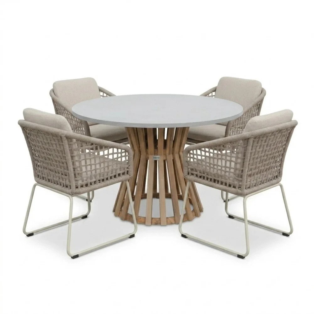 BUITEN living Elzas/Tulum Almond Beige dining tuinset | 4 personen | polystone + touw | Ø135cm rond
