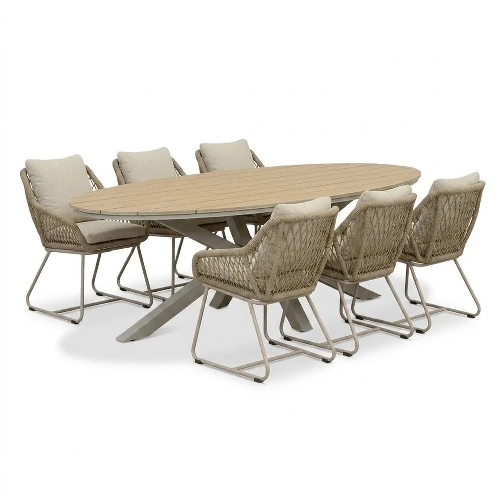 LUX outdoor living Dallas beige/Portofino Sandstone dining tuinset | 6 personen | polywood + touw | 220cm - Taupe - Naturel - Bruin, Beige