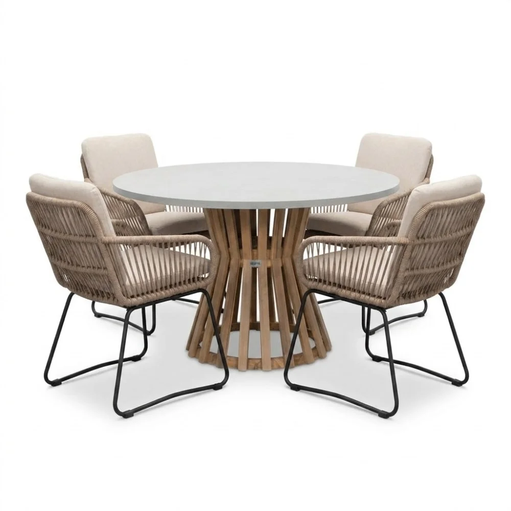 BUITEN living Elzas/Harper Sahara Dust dining tuinset | 4 personen | polystone + touw | Ø135cm rond - Betonlook