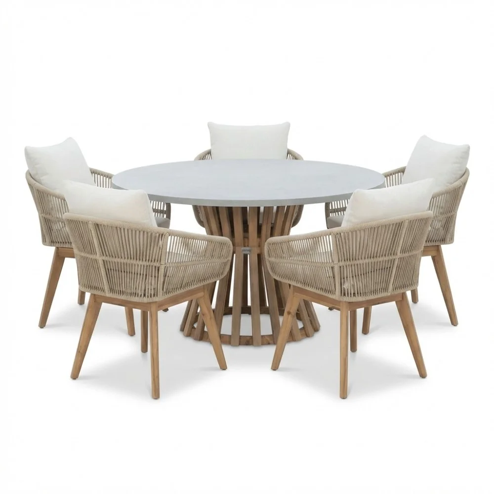 BUITEN living Elzas/Bella zand dining tuinset | 4 personen | polystone + touw | 135cm rond