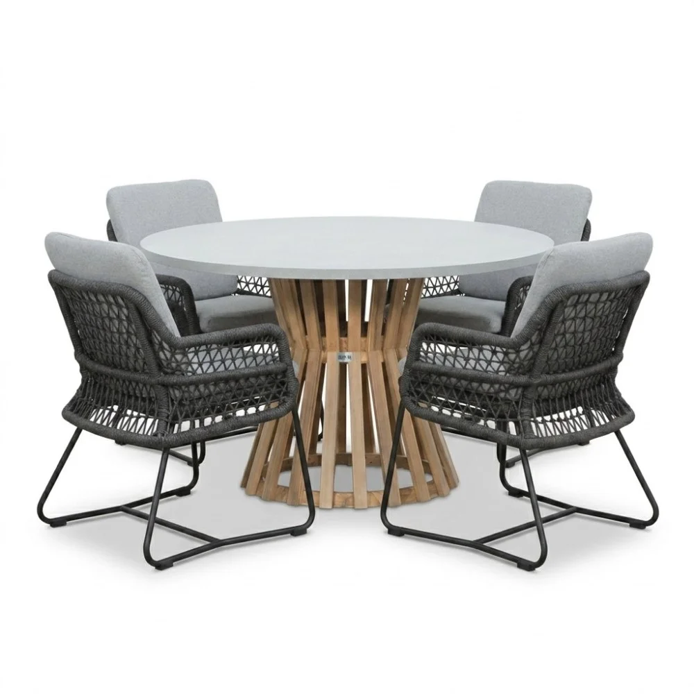 BUITEN living Elzas/Gianna Stone Grey dining tuinset | 4 personen | polystone + touw | Ø135cm rond - Betonlook
