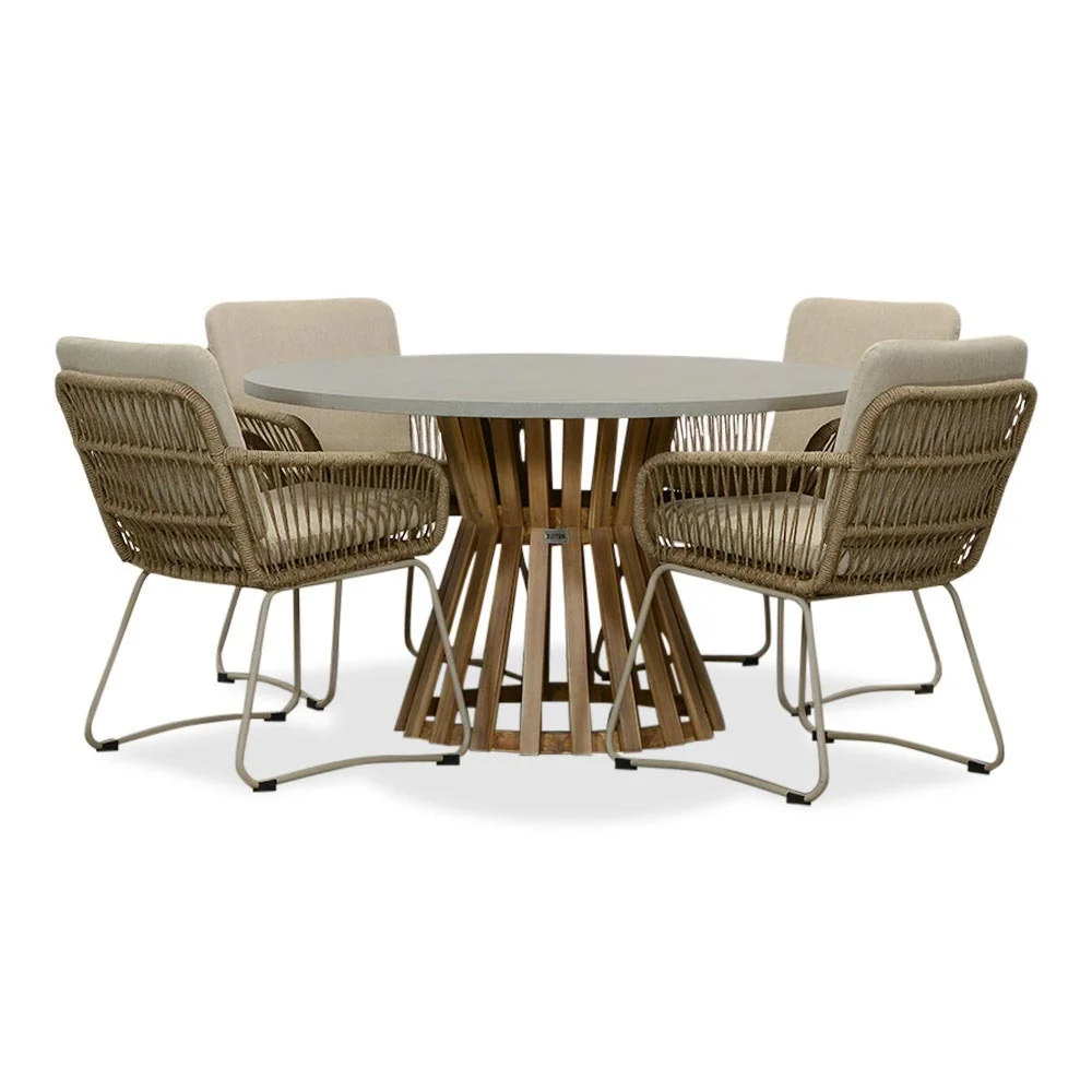 BUITEN living Elzas/Harper Sandstone dining tuinset | 4 personen | betonlook + touw | 135cm rond - Zand