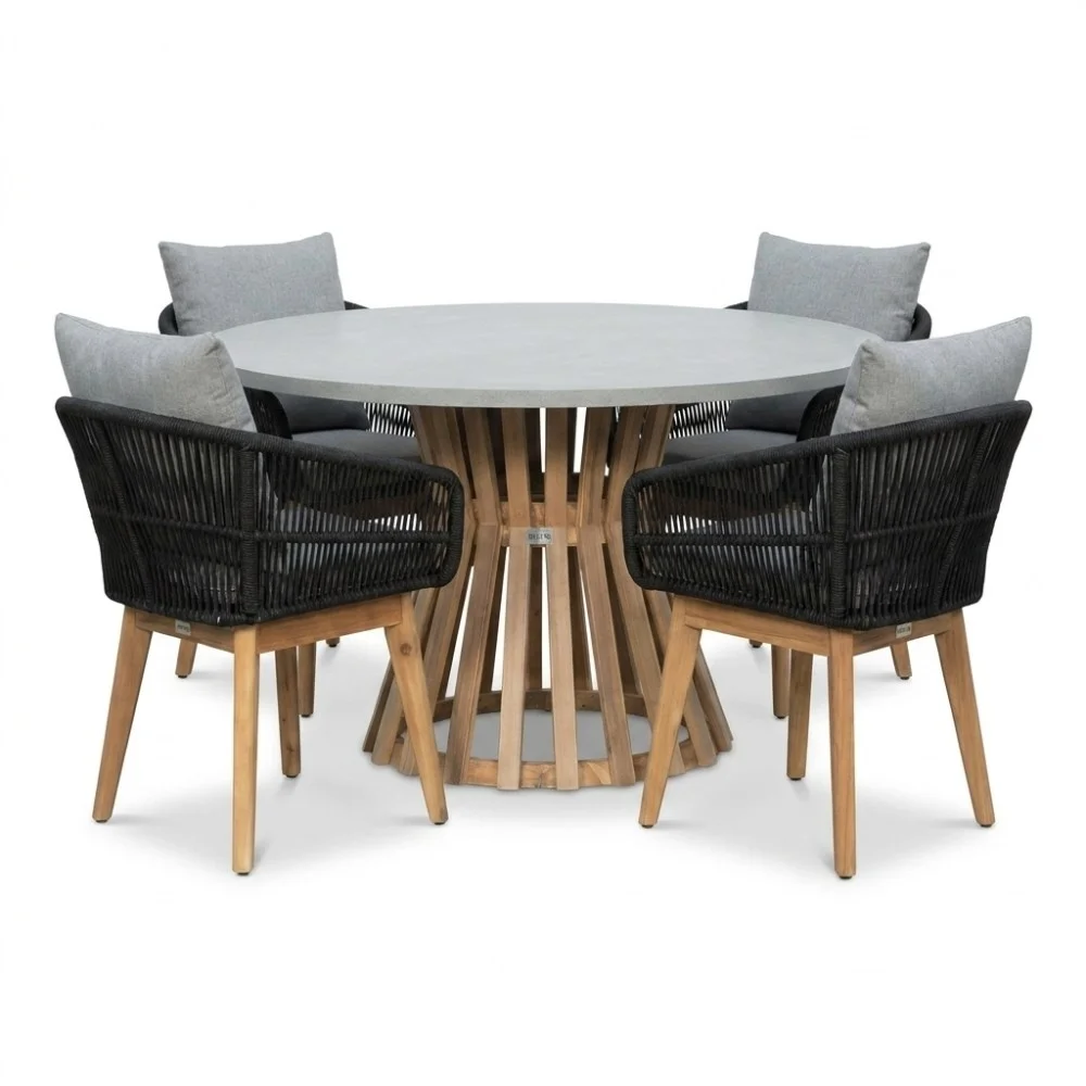 LUX outdoor living Elzas/Bella zwart dining tuinset | 4 personen | polystone + touw | Ø135cm rond