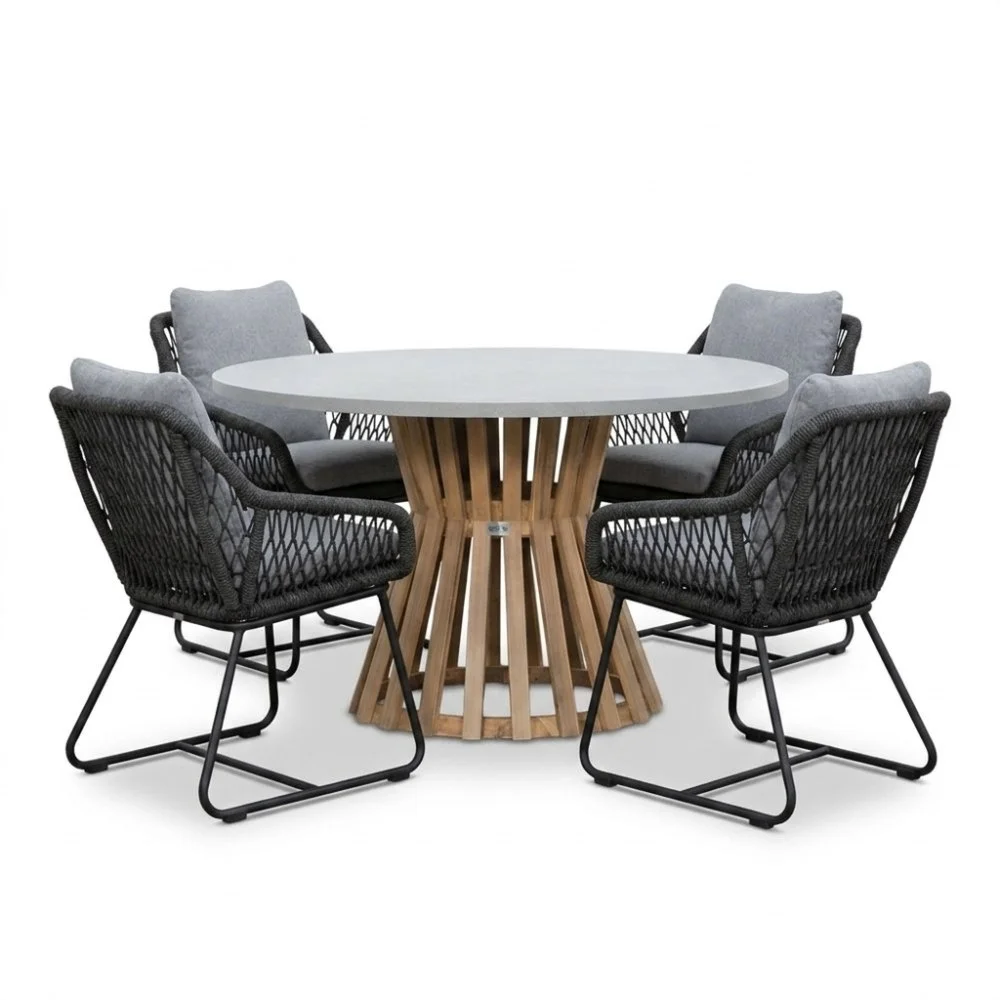 BUITEN living Elzas/Portofino Stone Grey dining tuinset | 4 personen | polystone + touw | Ø135cm rond - Betonlook
