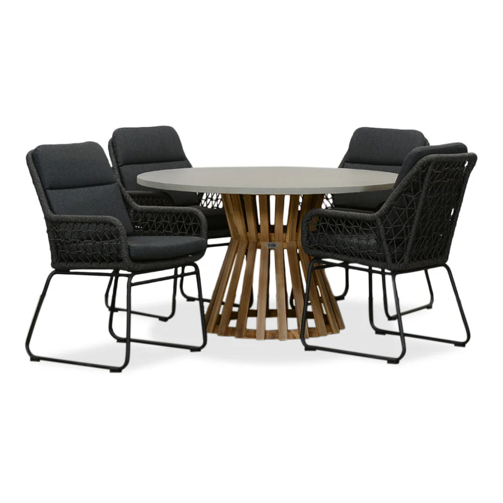 BUITEN living Elzas/Valencia Lava Grey dining tuinset | 4 personen | betonlook + touw | 135cm rond - Grijs