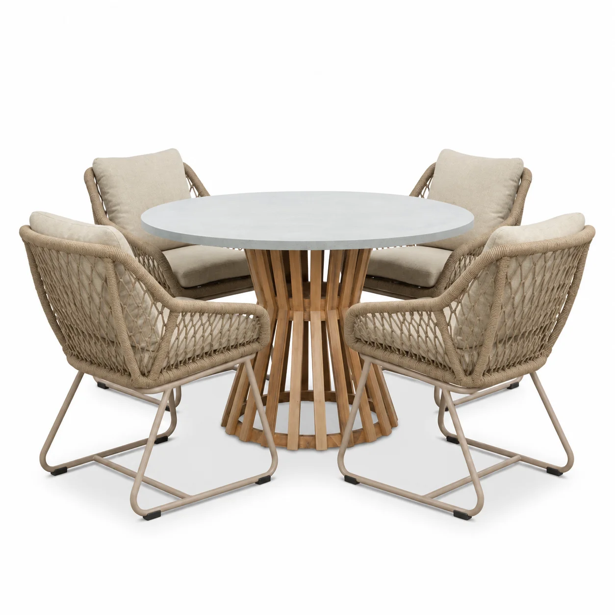 BUITEN living Elzas/Portofino Sandstone dining tuinset | 4 personen | polystone + touw | Ø135cm rond - Taupe - Naturel - Bruin, Beige