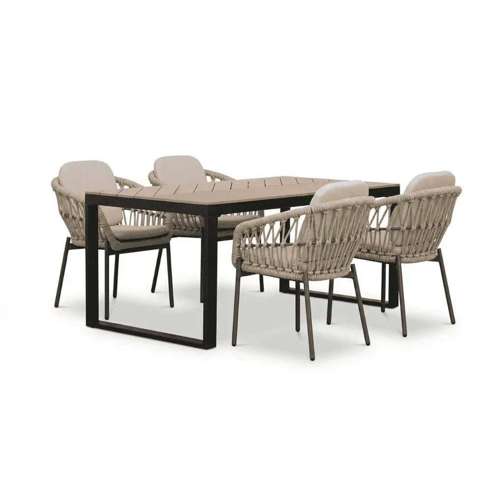 LUX outdoor living Kampa/Femke beige/antraciet dining tuinset | 4 personen | polywood + touw | 160cm