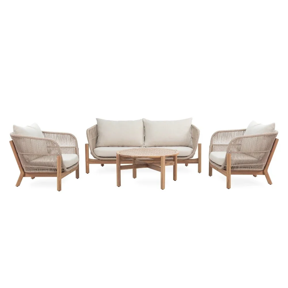 BUITEN living Braga stoel-bank loungeset 4 personen incl. tafel 80cm | touw + hardhout | zand | 4-delig - Taupe - Naturel - Bruin
