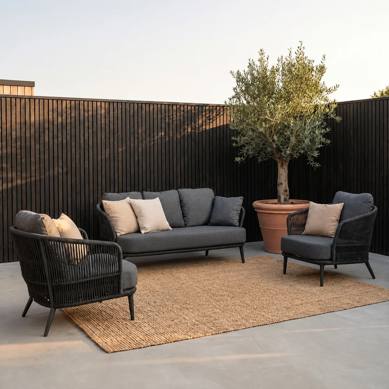BUITEN living Palermo stoel-bank loungeset 5 personen | aluminium + touw | zwart | 5-delig