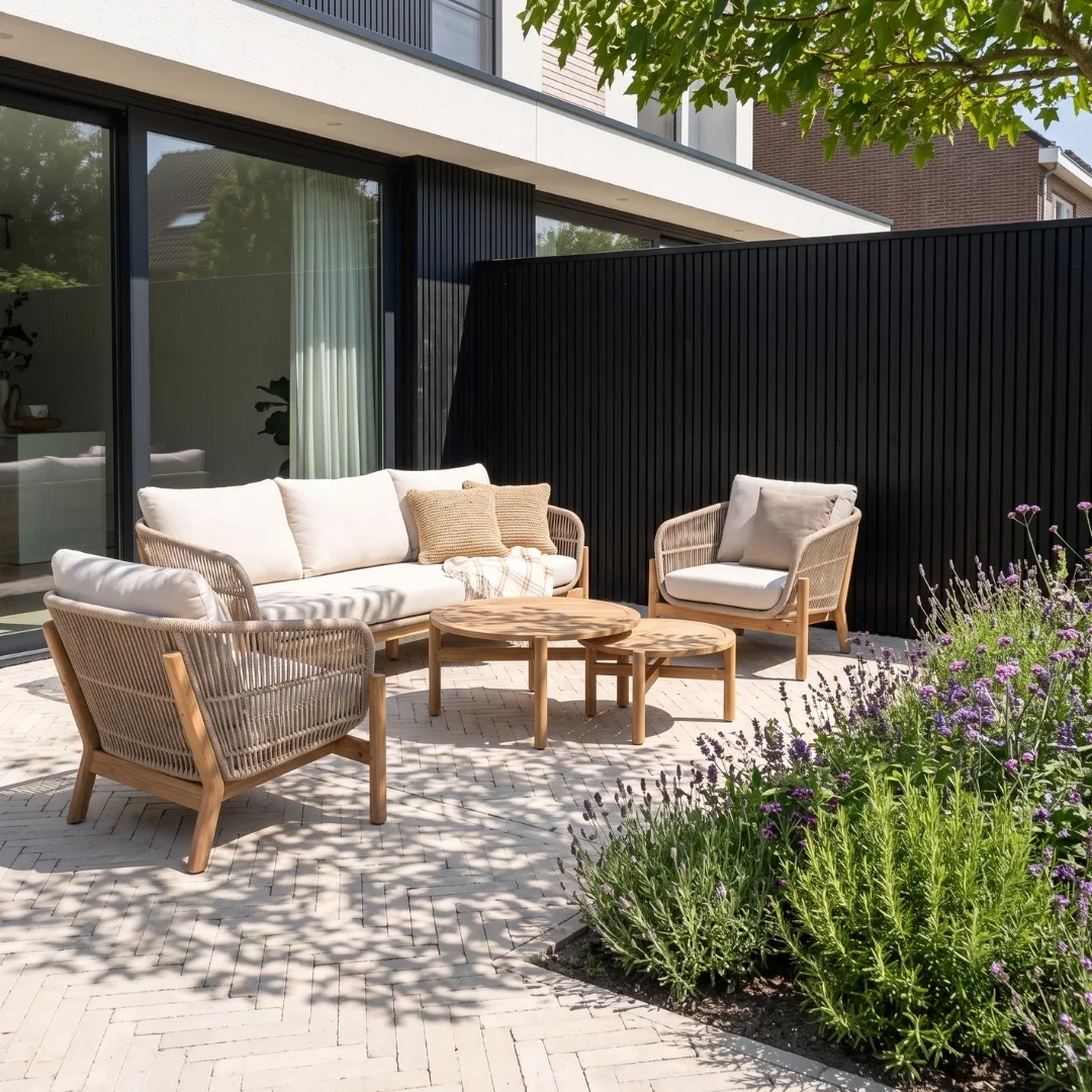 BUITEN living Braga stoel-bank loungeset 5 personen incl. tafels | touw + hardhout | zand | 5-delig - Taupe - Naturel - Bruin