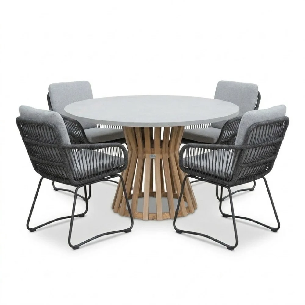 BUITEN living Elzas/Harper Stone Grey dining tuinset | 4 personen | polystone + touw | Ø135cm rond - Betonlook
