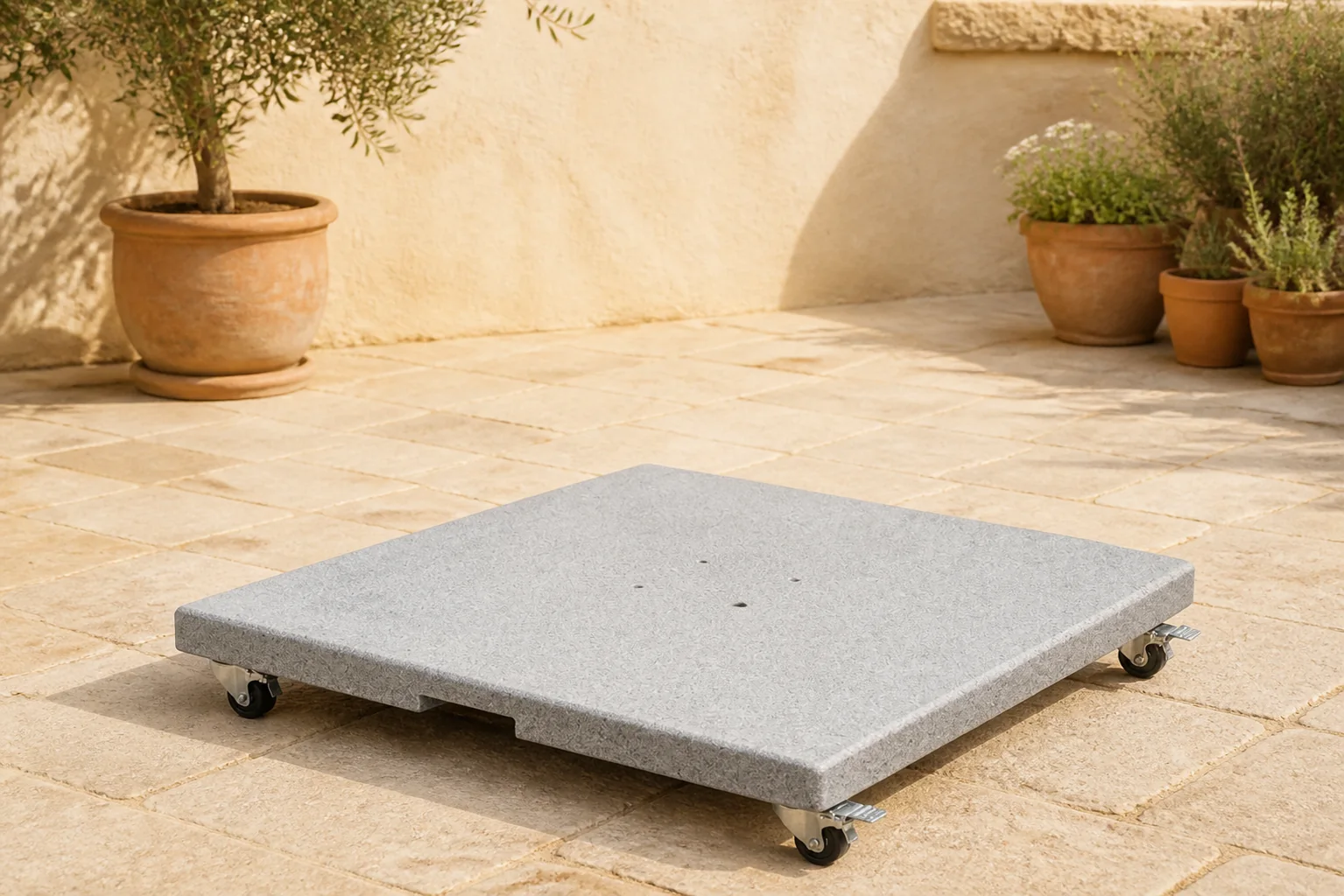 Sfeerfoto van Platinum Sun & Shade | Salerno Parasolvoet Graniet met Wielen | 90 kg