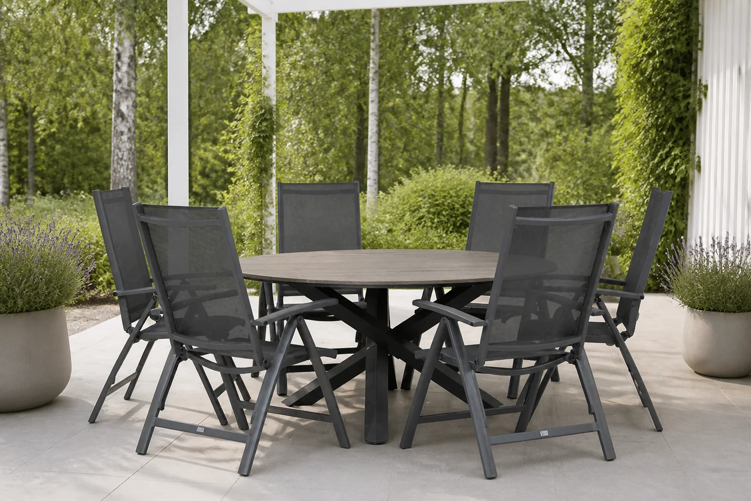 Sfeerfoto van Presto Vasto/Ancona 150 cm rond dining tuinset 7-delig – Grijs-antraciet