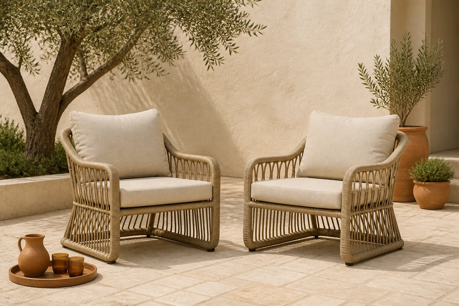 Sfeerfoto van BUITEN living Bruno loungestoel tuin set van 2 | wicker | Mexican Sand – Taupe – Naturel – Bruin, Beige