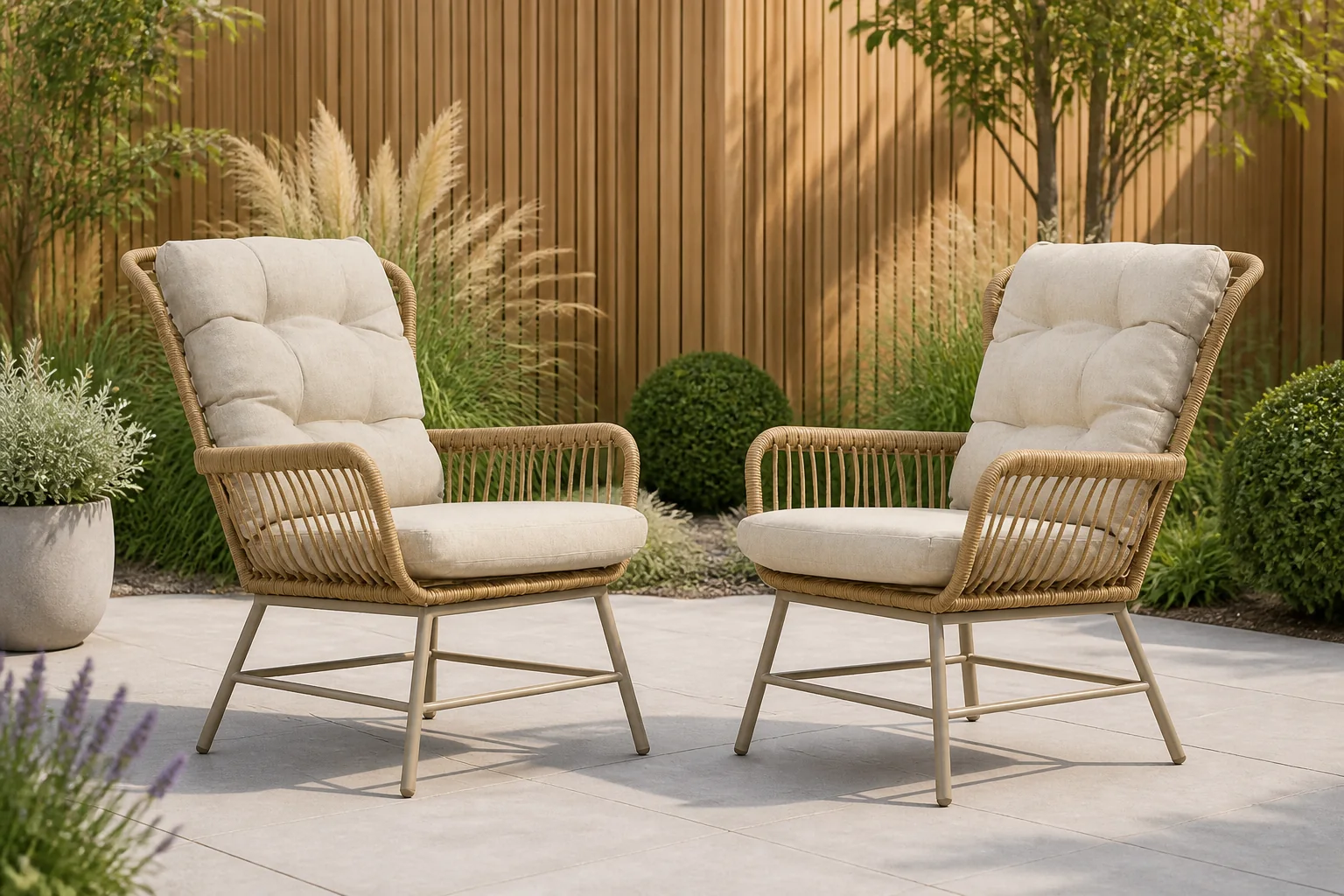 Sfeerfoto van BUITEN living Dex loungestoel tuin set van 2 | wicker + aluminium | Bamboo beige