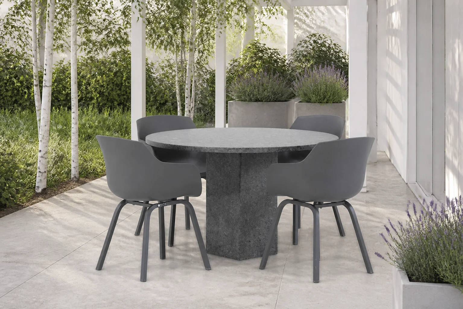 Sfeerfoto van Lifestyle Garden Furniture Salina/Graniet rond 120 cm dining tuinset 5-delig – Grijs-antraciet