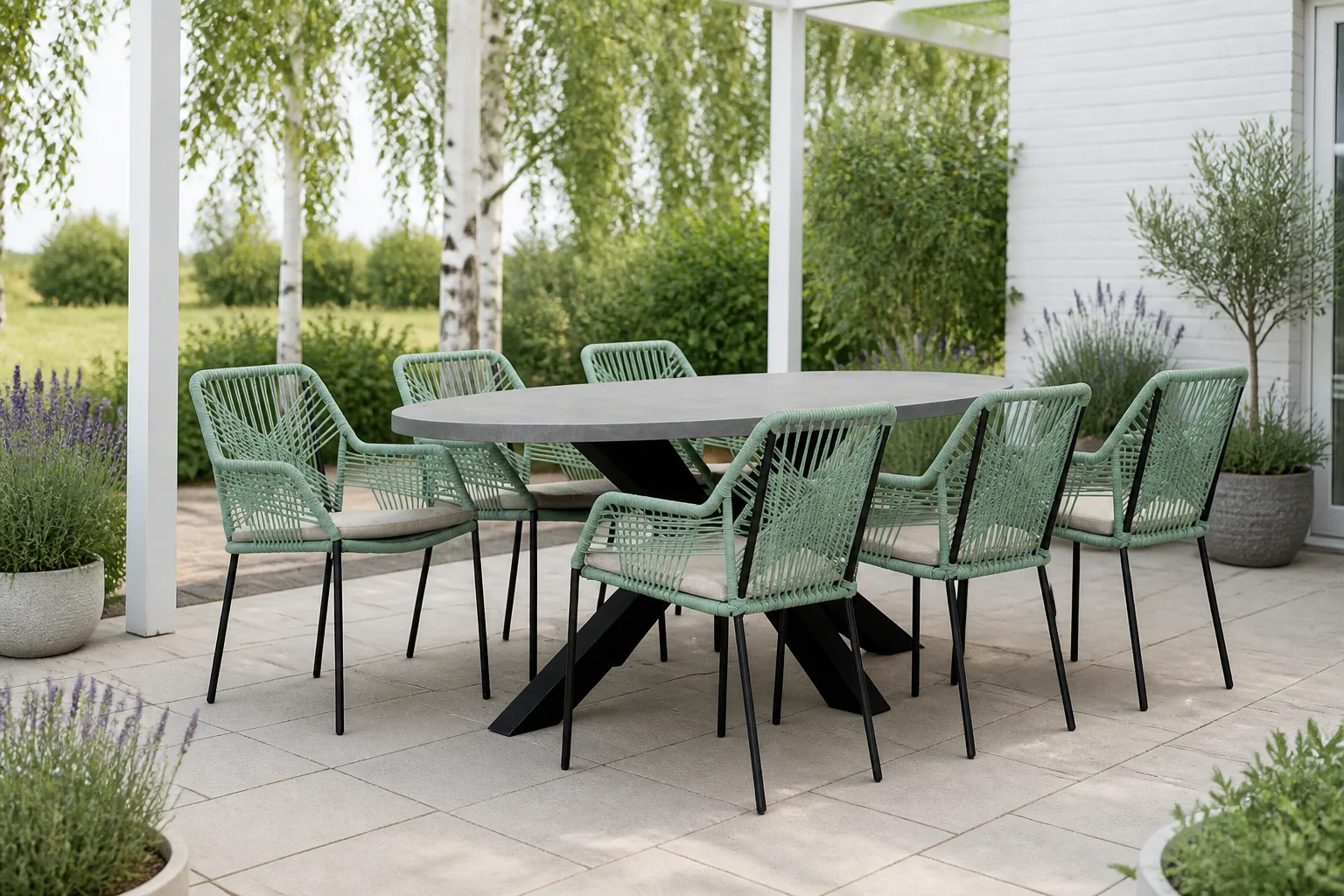 Sfeerfoto van BUITEN living Stockholm/Seville mint dining tuinset | 6 personen | betonlook + touw | 200cm ovaal – Zand
