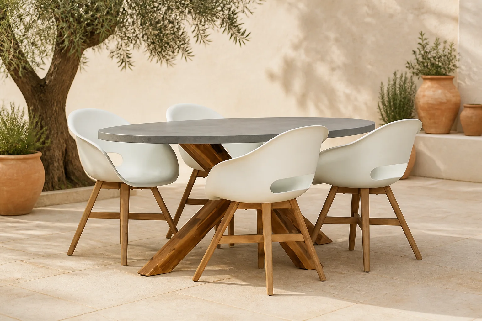 Sfeerfoto van BUITEN living Livorno/Karlstad wit dining tuinset | 4 personen | betonlook + hardhout | 200cm – Light Teak, Betonlook, Wit