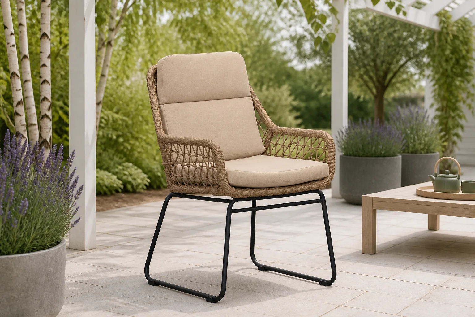 Sfeerfoto van BUITEN living Valencia dining tuinstoel | touw + aluminium | Sahara Dust – Zwart