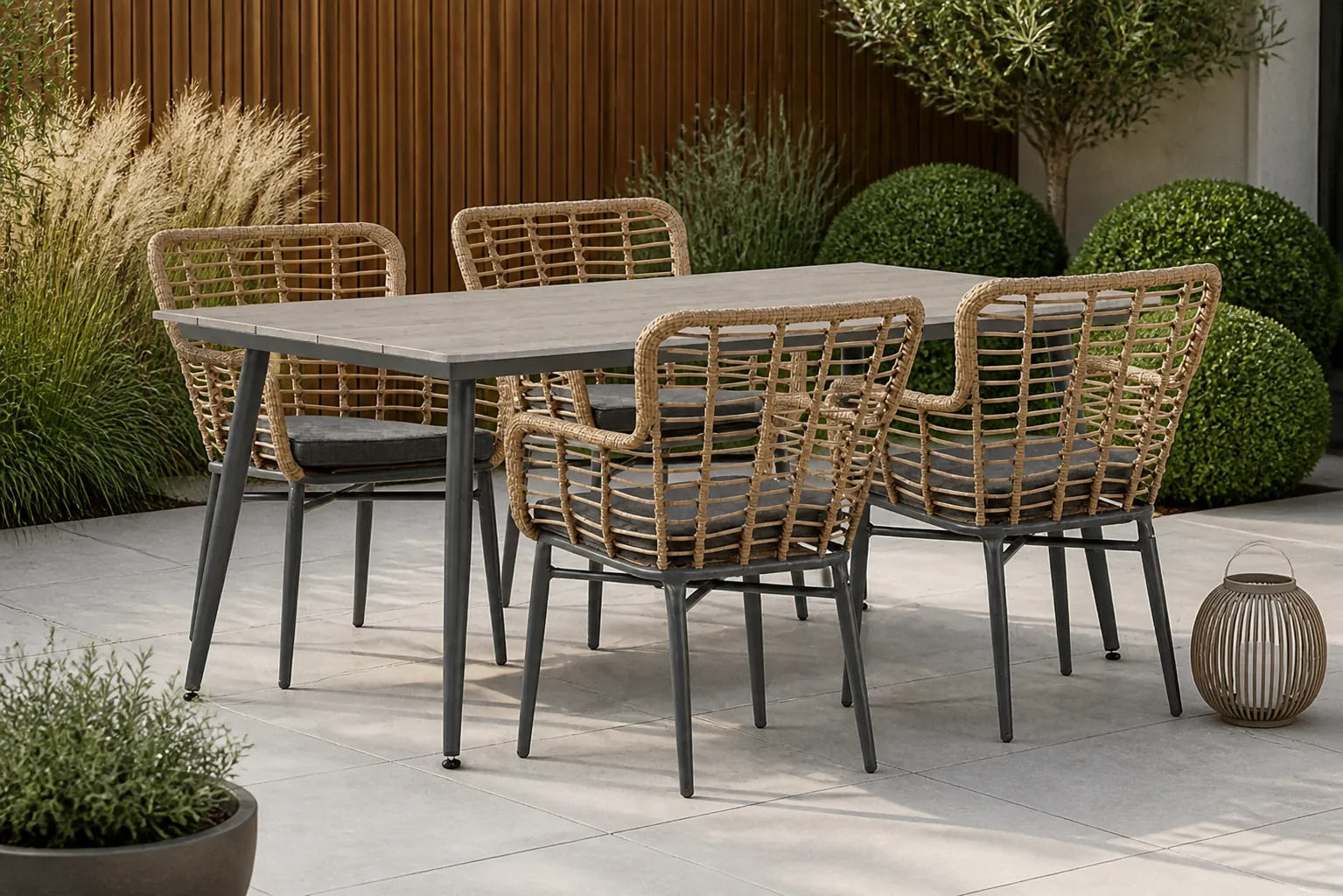 Sfeerfoto van De Laan Projects Laan Toledo/Matale 180 cm dining tuinset 5-delig – Taupe-naturel-bruin