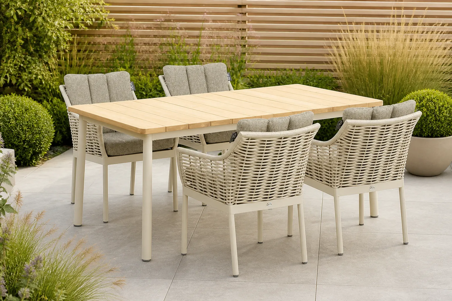 Sfeerfoto van Apple Bee Milou/Milou 180 cm dining tuinset 5-delig – Taupe-naturel-bruin