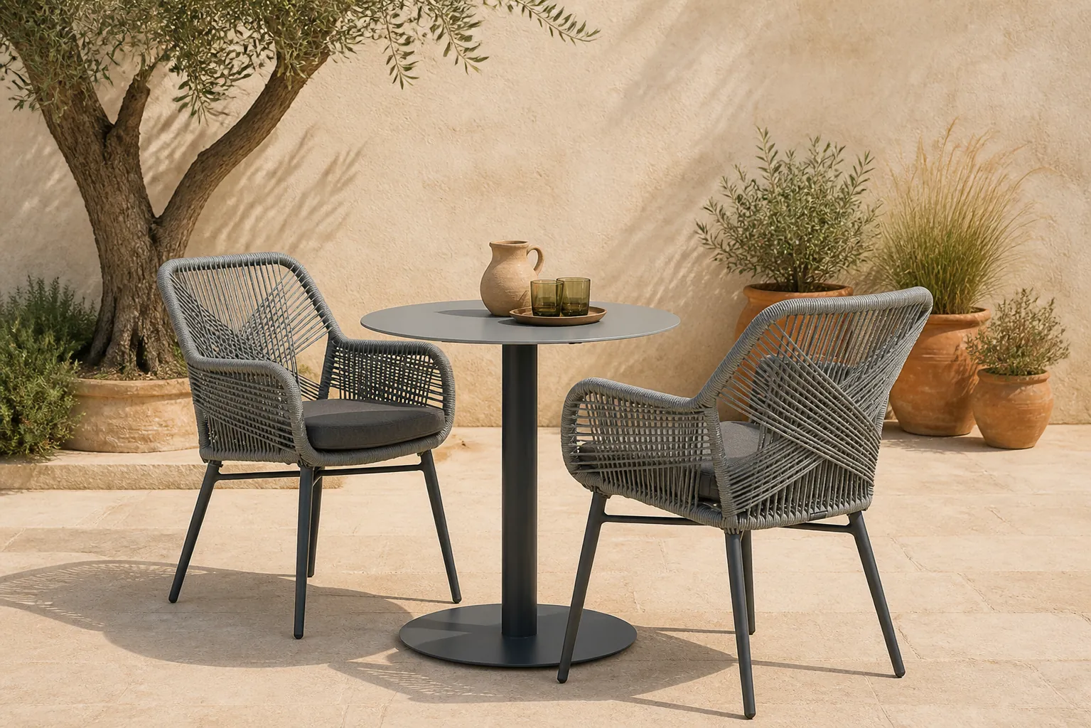 Sfeerfoto van Lifestyle Garden Furniture Advance/Como 70 cm bistroset 3-delig – Grijs-antraciet