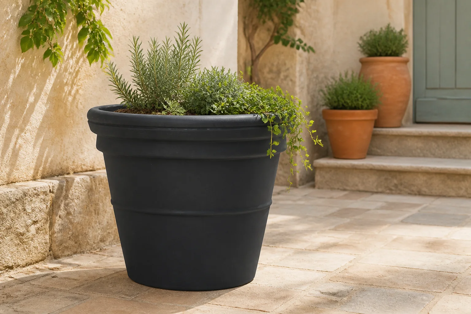 Sfeerfoto van Prestige Ronde 500L zwart graniet plantenbak Rome