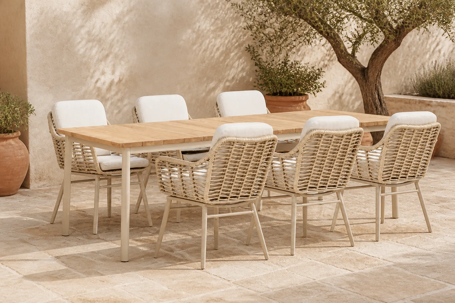Sfeerfoto van Coco Antoni/Milou 240 cm dining tuinset 7-delig – Taupe-naturel-bruin