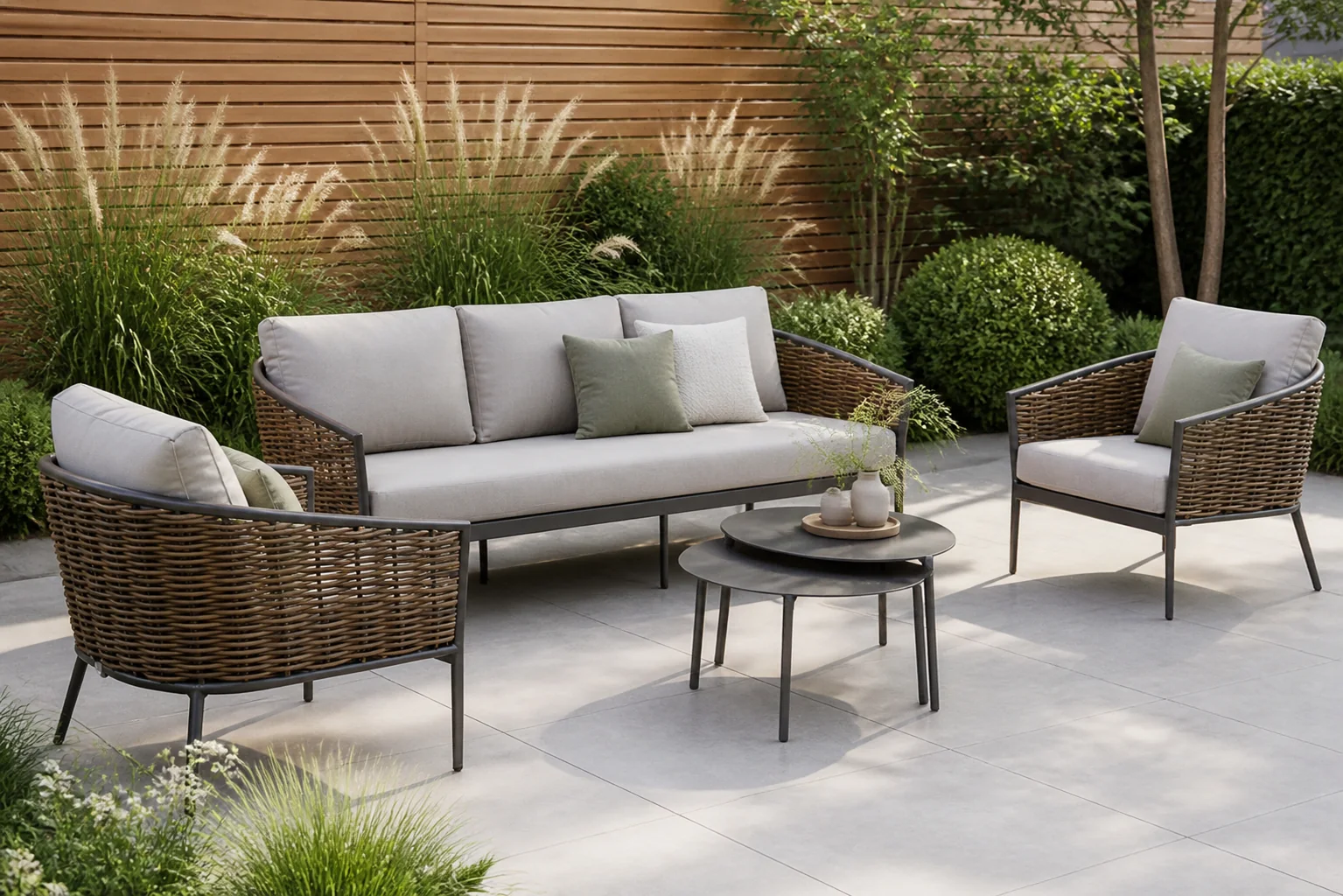 Sfeerfoto van Coco Palm/Pacific 45/60 cm stoel-bank loungeset 5-delig – Taupe-naturel-bruin