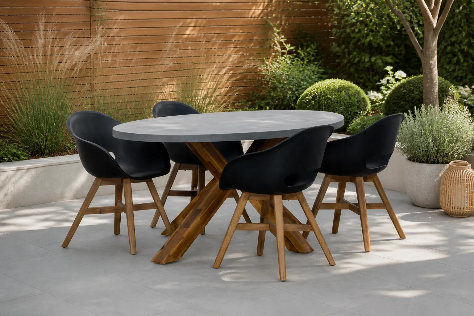 Sfeerfoto van BUITEN living Livorno/Karlstad zwart dining tuinset | 4 personen | betonlook + hardhout | 200cm – Light Teak, Betonlook, Zwart