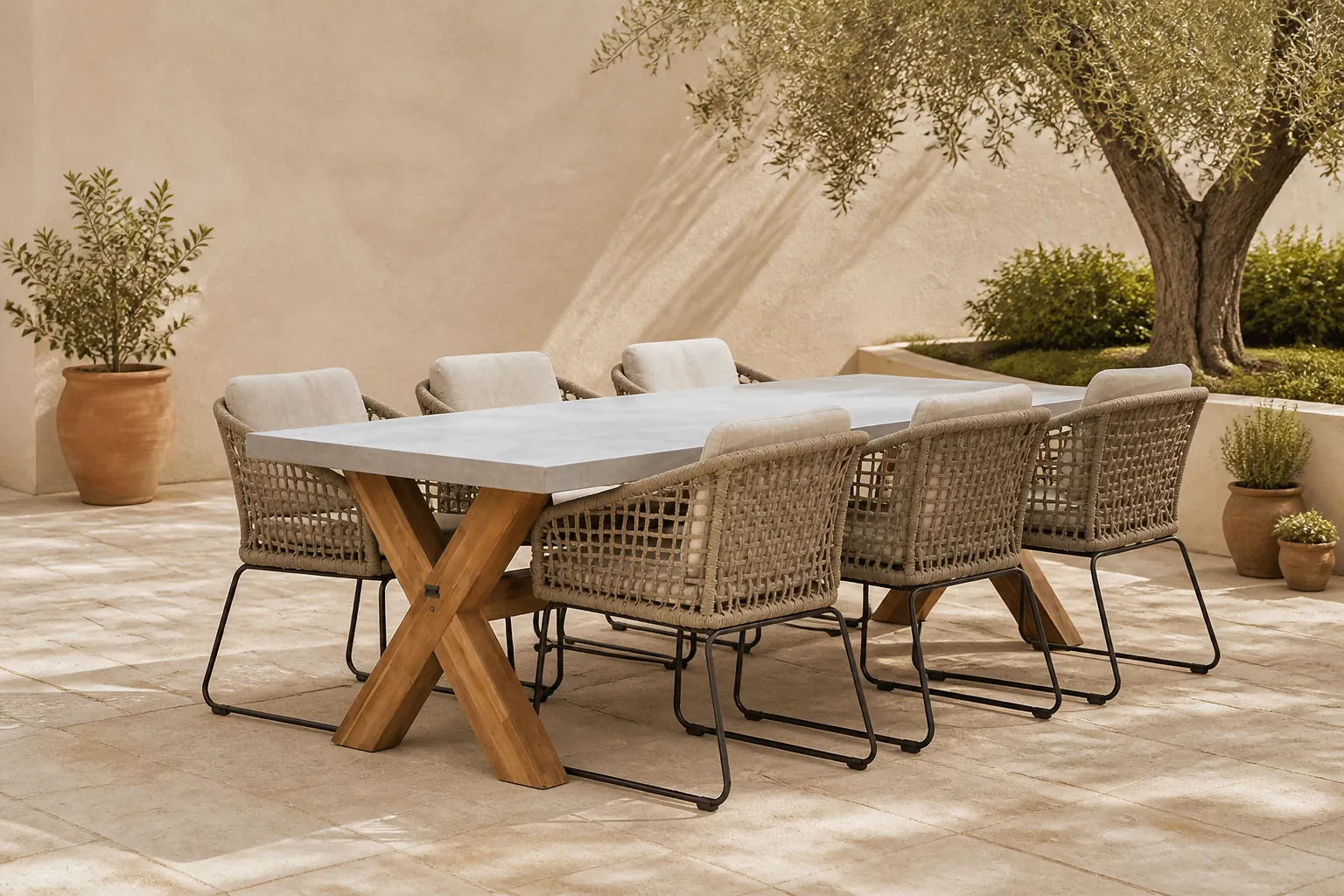 Sfeerfoto van BUITEN living Norwich/Tulum Sahara Dust dining tuinset | 6 personen | betonlook + touw | 250cm – Zand