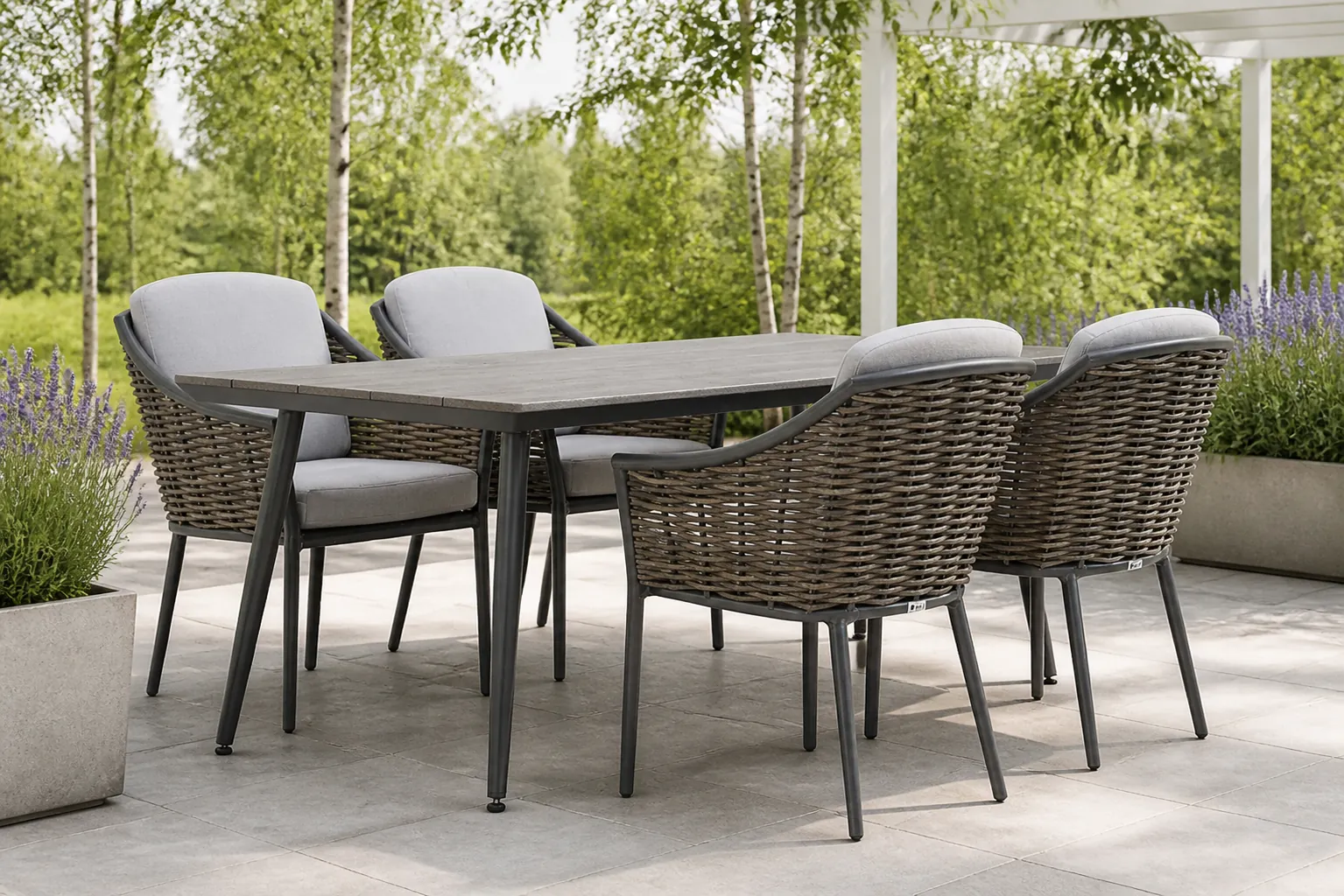 Sfeerfoto van Coco Olivine/Matale 180 cm dining tuinset 5-delig – Grijs-antraciet