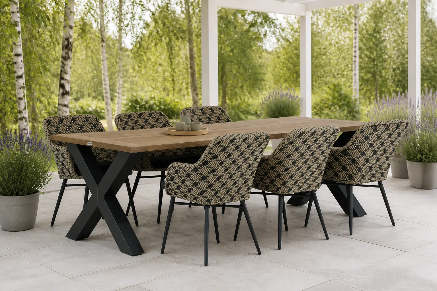 Sfeerfoto van Lifestyle Garden Furniture Crossway/Cardiff 240 cm dining tuinset 7-delig – Zwart-wit
