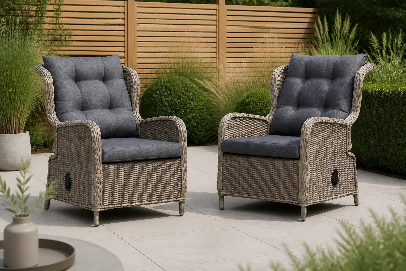 Sfeerfoto van Denza Furniture Glasgow loungestoel tuin set van 2 | wicker + aluminium | Ash Grey - Grijs