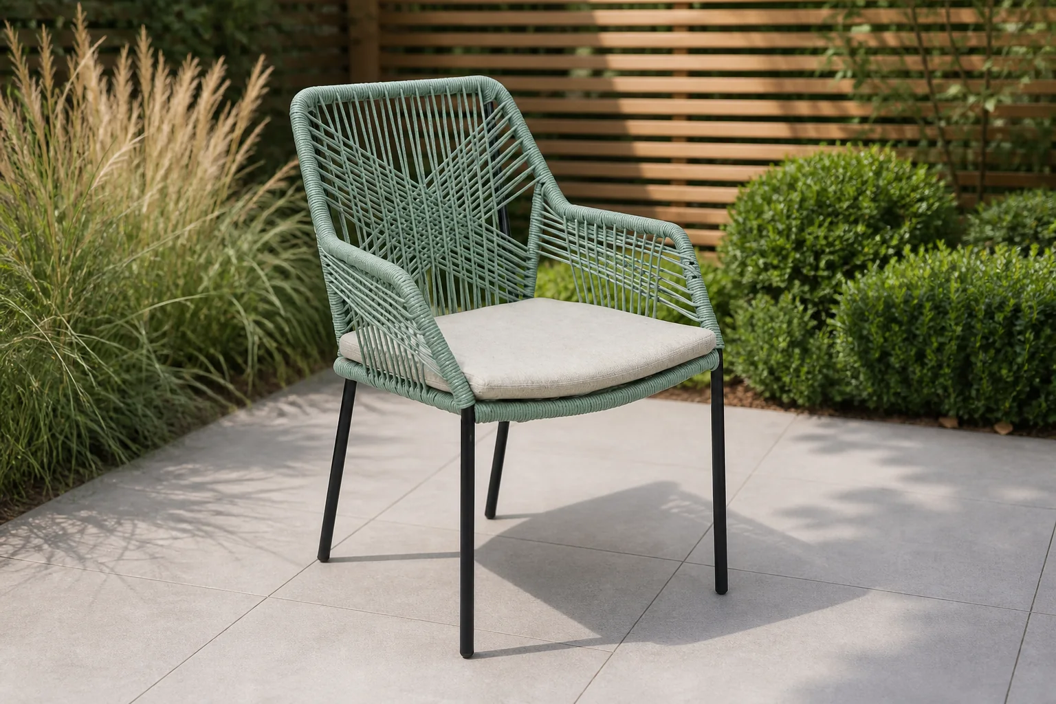 Sfeerfoto van BUITEN living Seville dining tuinstoel stapelbaar | touw + staal | mint – Groen