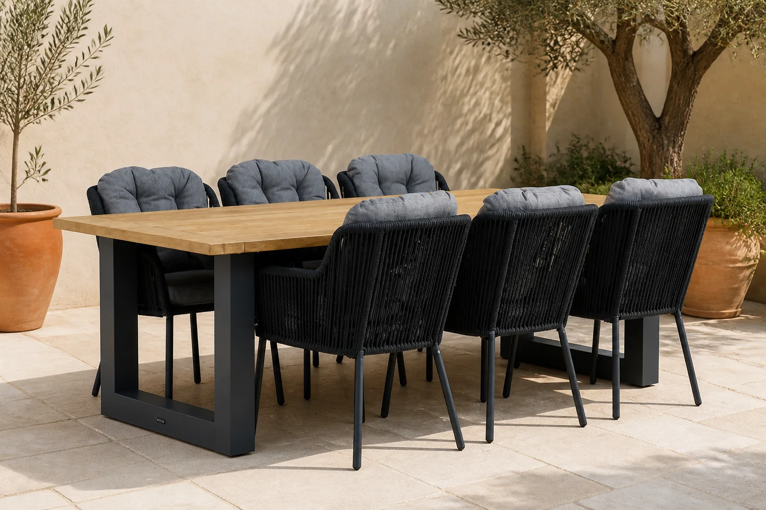 Sfeerfoto van Santika Furniture Tendenza/Talai 240 cm dining tuinset 7-delig – Grijs-antraciet