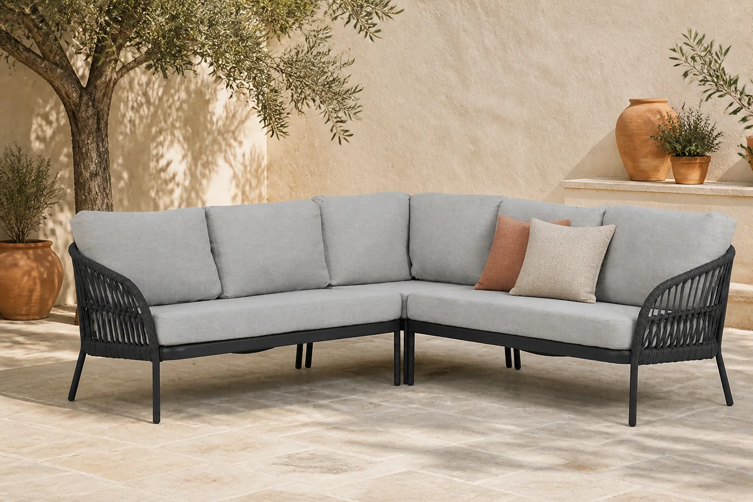 Sfeerfoto van Coco Puerto hoek loungeset 3-delig – Grijs-antraciet