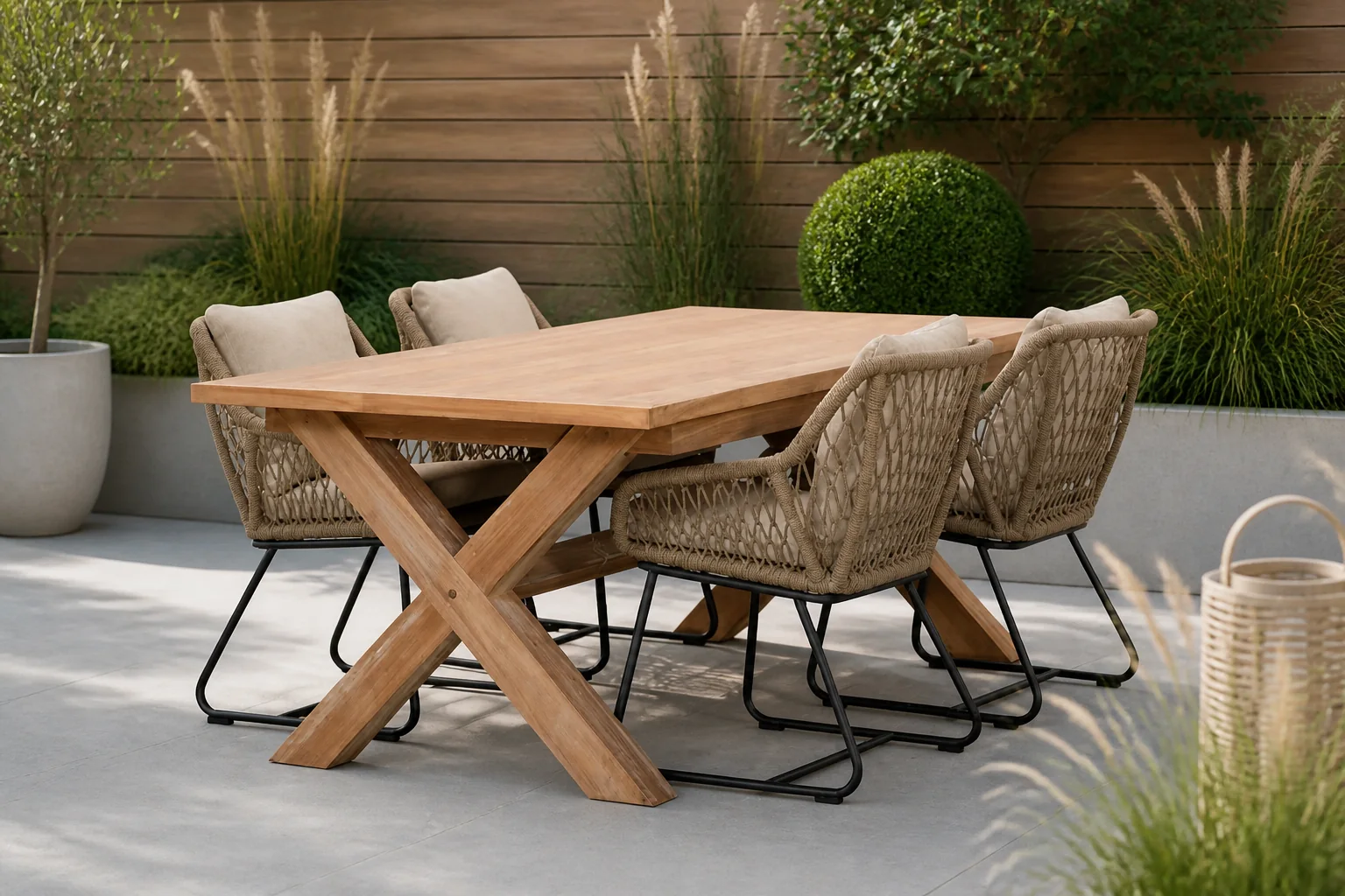 Sfeerfoto van BUITEN living Riga/Portofino Sahara Dust dining tuinset | 4 personen | teakhout + touw | 200cm – Zand