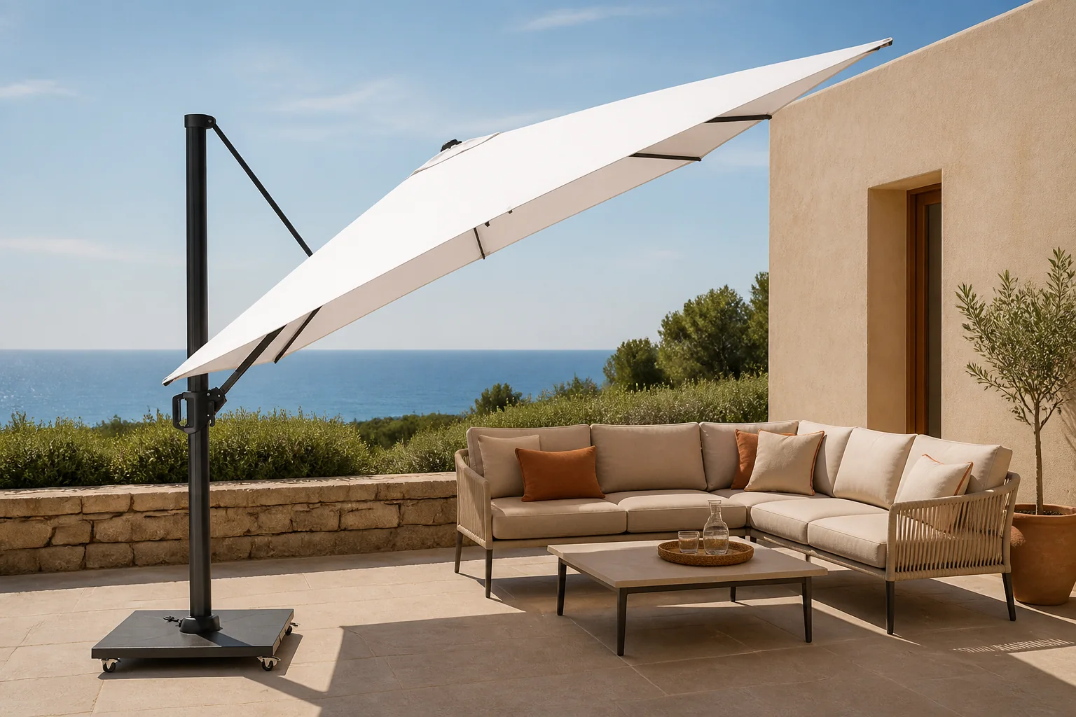 Sfeerfoto van Platinum Zweefparasol Challenger T1 3×3 meter Wit zonwering – tweekleurig