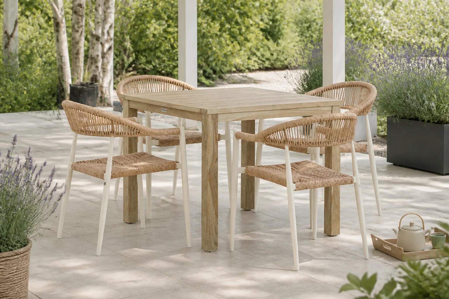 Sfeerfoto van De Laan Projects Laan Granada/Weston 90 cm dining tuinset 5-delig – Taupe-naturel-bruin