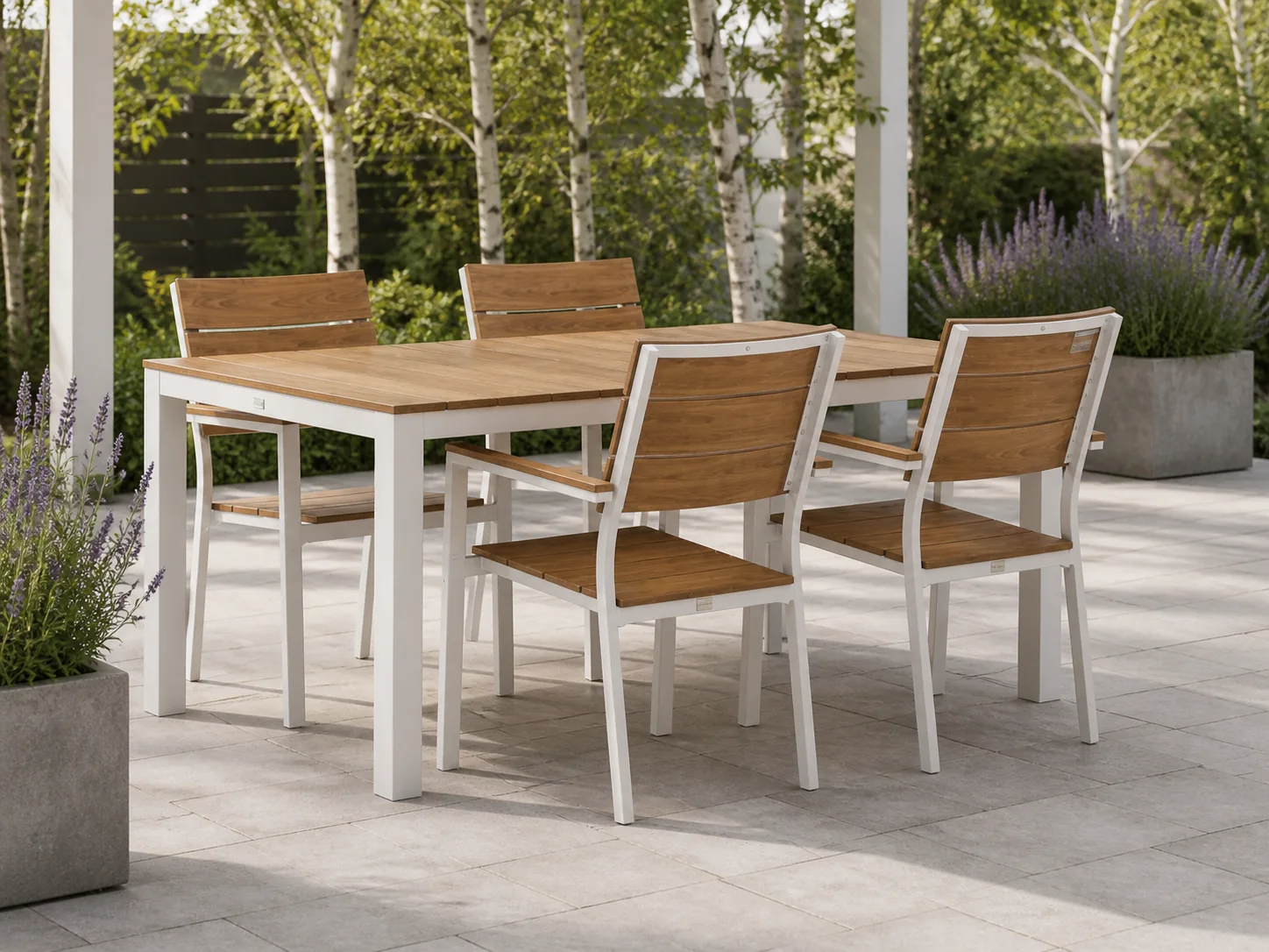 Sfeerfoto van Bellagio tuinmeubelen Fidenza 160cm dining tuinset 5-delig stapelbaar – Wit