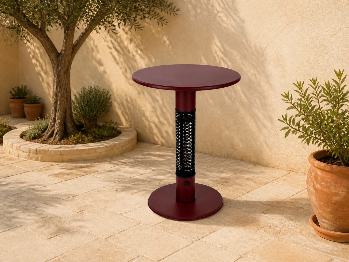 Sfeerfoto van Monti HeatLine + 15% kassakorting | Pulse tafel met terrasverwarmer 1500W ø60cm (h: 75cm) – Rood