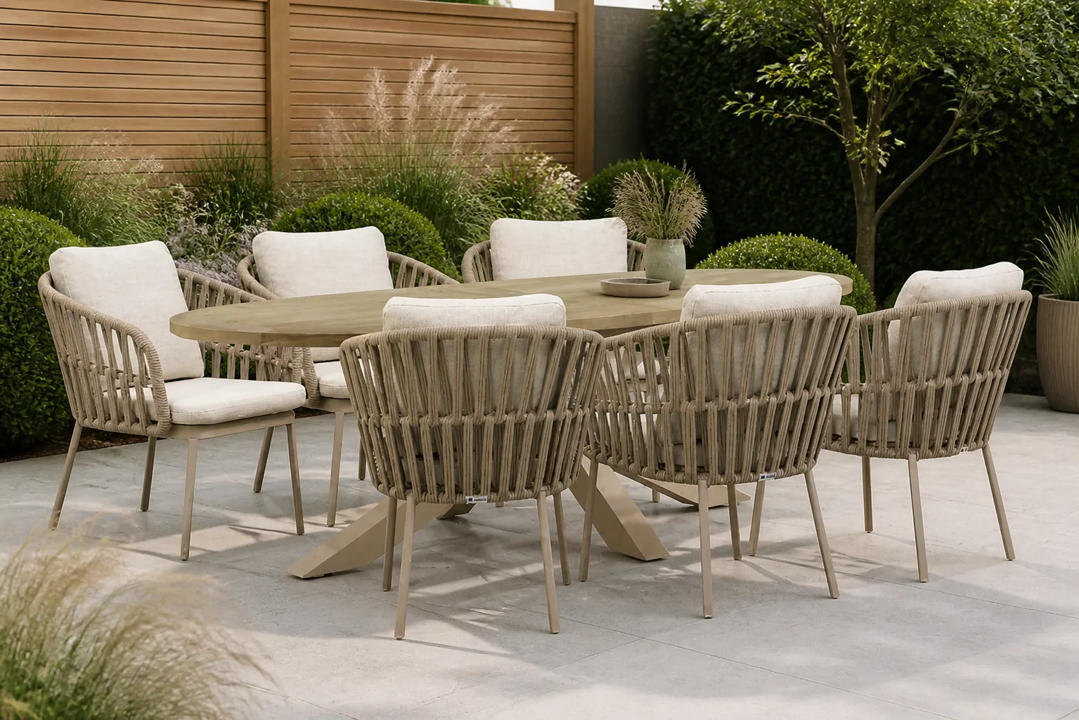 Sfeerfoto van Coco Elara/Brookline 240×120 cm dining tuinset 7-delig – Zand/Beige
