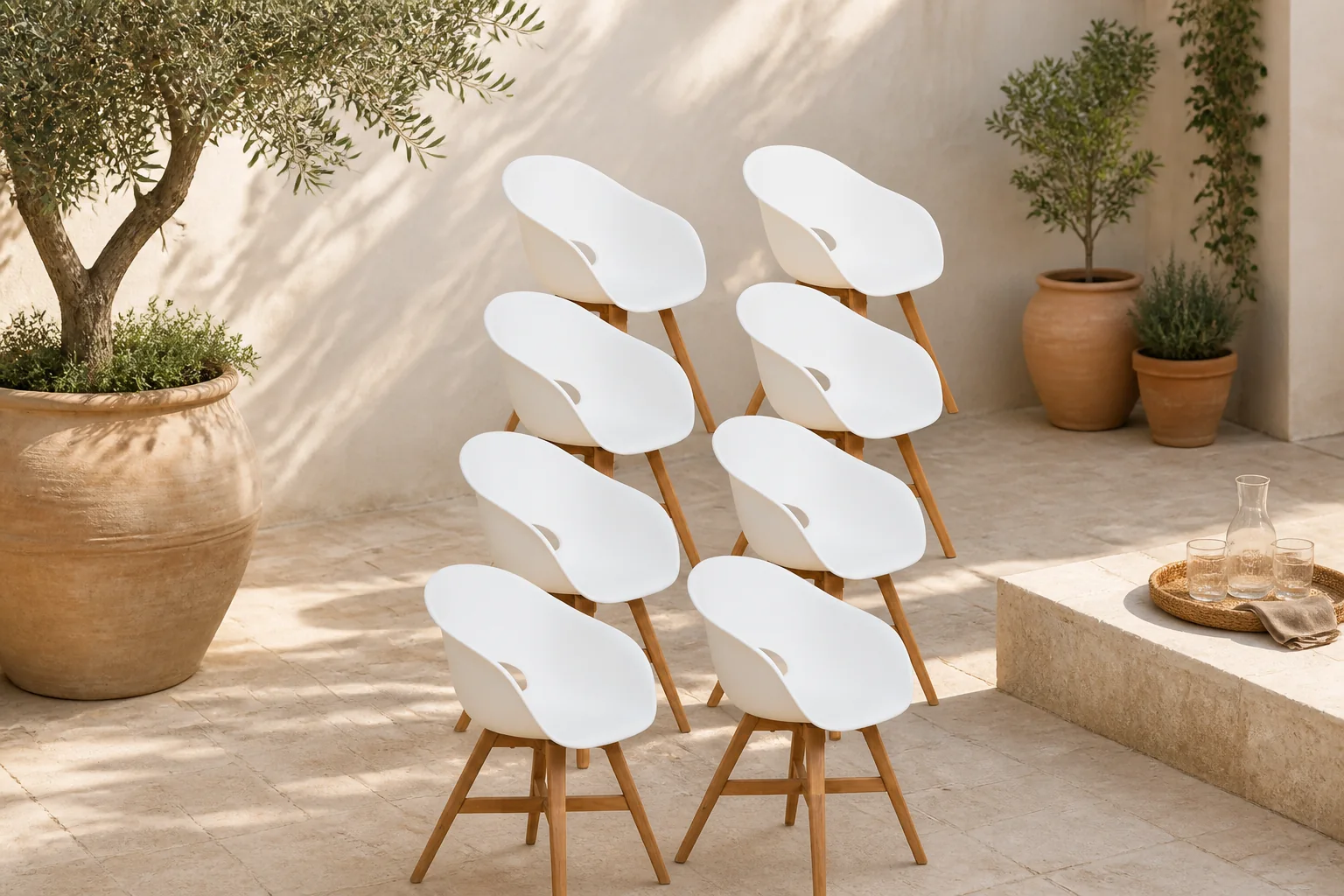 Sfeerfoto van BUITEN living Karlstad dining tuinstoel set van 8 | kunststof + hardhout | wit